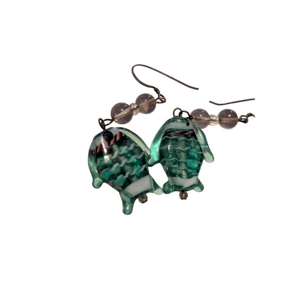 Handcrafted Glass Fish Earrings Beaded Accents Green & Clear Colors - Unique Oce - Picture 3 of 4